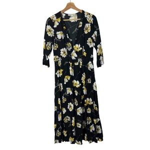 Boutique Promod Black & Yellow Floral Half Sleeve Wrap Midi Dress M